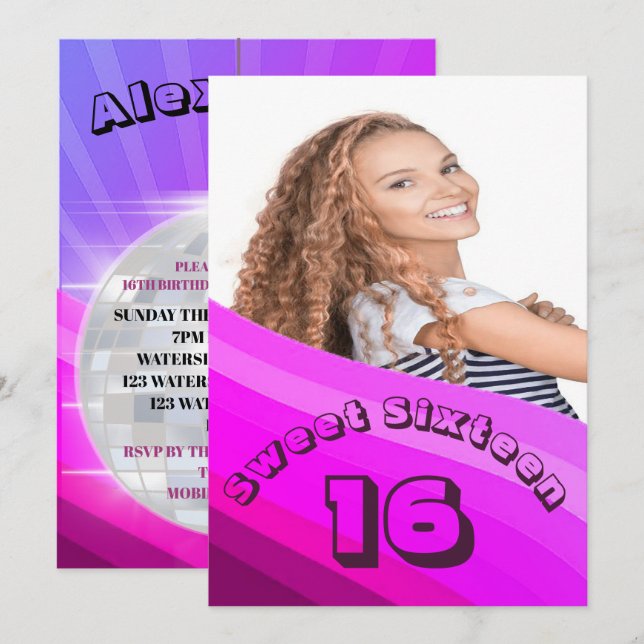 16th Disco Ball Modern Purple Birthday Invitation (Front/Back)