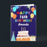 16th Happy Birthday Balloons Cake Navy Blue Card<br><div class="desc">16th Happy Birthday Colourful Balloons Cake Navy Blue with personalized name. For further customization,  please click the "Customize it" button and use our design tool to modify this template.</div>