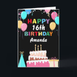 16th Happy Birthday Colourful Balloons Cake Black Card<br><div class="desc">16th Happy Birthday Colourful Balloons Cake Black with personalized name. For further customization,  please click the "Customize it" button and use our design tool to modify this template.</div>