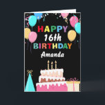 16th Happy Birthday Colourful Balloons Cake Black Card<br><div class="desc">16th Happy Birthday Colourful Balloons Cake Black with personalized name. For further customization,  please click the "Customize it" button and use our design tool to modify this template.</div>