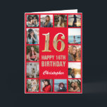 16th Happy Birthday Red and Gold Photo Collage Card<br><div class="desc">16th Happy Birthday Red and Gold Photo Collage Birthday Card. For further customization,  please click the "Customize it" button and use our design tool to modify this template.</div>
