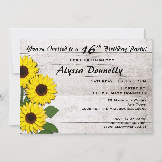 16th or Any Birthday Party Sunflower Invitations (Front)