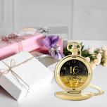 16th sixteenth birthday chic gold bow black name pocket watch<br><div class="desc">Elegant, classic, glamourous and feminine. A faux gold coloured bow and ribbon with golden glitter and sparkle, a bit of bling and luxury for a birthday gift or keepsake. Black background. Templates for her name, and the age 16. The name is written with a modern hand lettered style script. Golden...</div>
