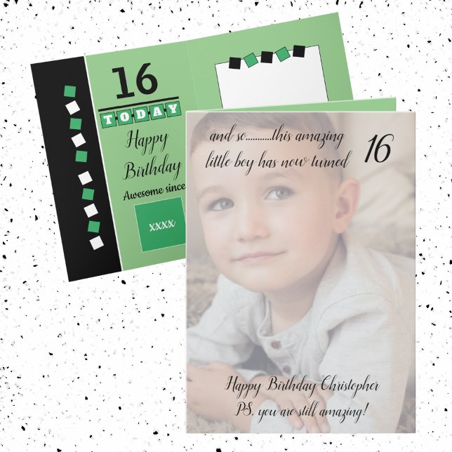 16th still amazing green and black birthday photo card (Creator Uploaded)