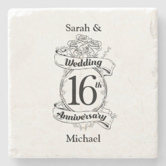16th Wedding Anniversary Black and White Roses Stone Coaster
