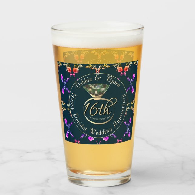 16th Wedding Anniversary Peridot Roses on Navy Glass (Front Filled)