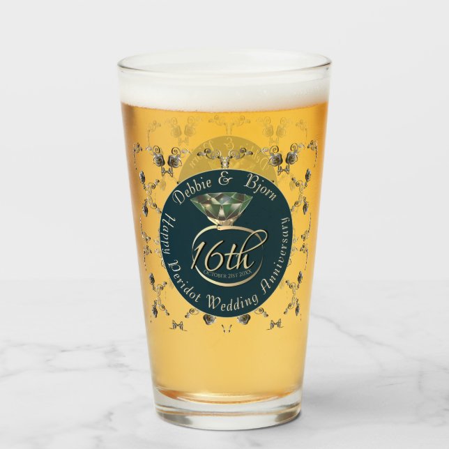 16th Wedding Anniversary Peridot  & Silver Roses Glass (Front Filled)