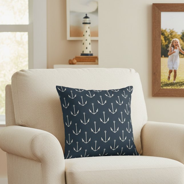 16x16 Nautical Anchors Navy Blue Throw Pillow (Navy blue anchor print throw pillow.)