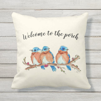 16x16 Watercolor Bluebirds, "Welcome to the porch" Outdoor Pillow
