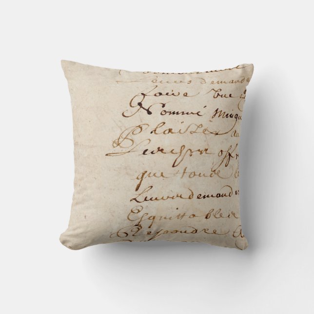 1700s Vintage French Script Retro Parchment Paper Throw Pillow (Front)