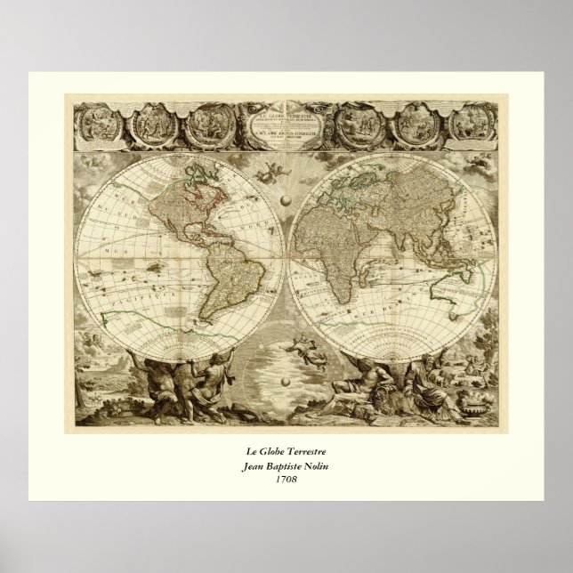 1708 World Map by Jean Baptiste Nolin Poster (Front)
