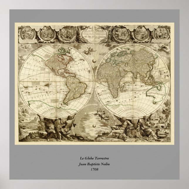 1708 World Map by Jean Baptiste Nolin Poster (Front)