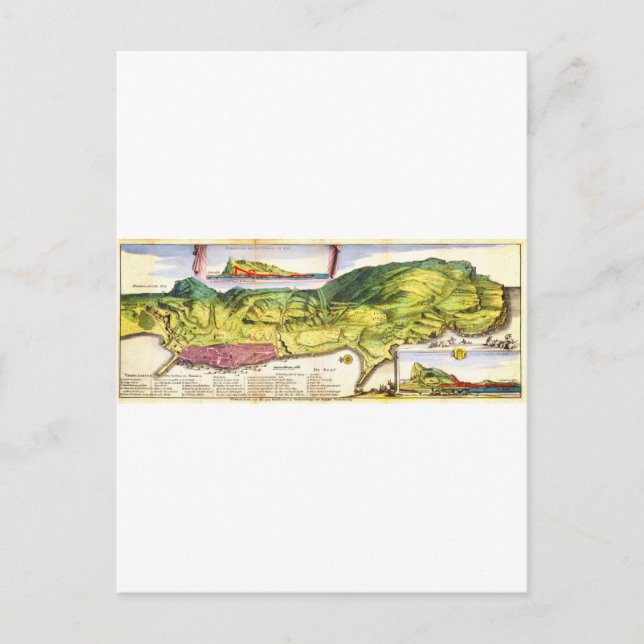 1720 De La Feuille Map and View of Gibraltar Geo Postcard (Front)