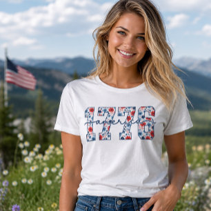 1776 America Patriotic Floral Varsity Script 4th T-Shirt
