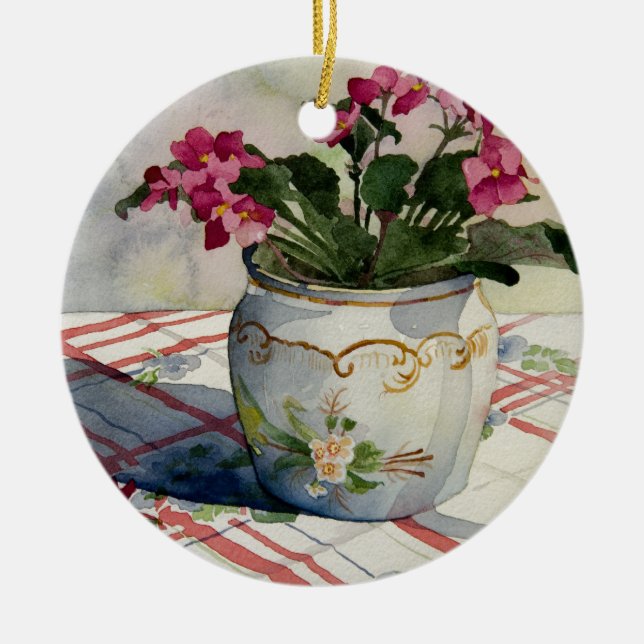 1790 African Violets in Blue Pot Ceramic Ornament (Front)