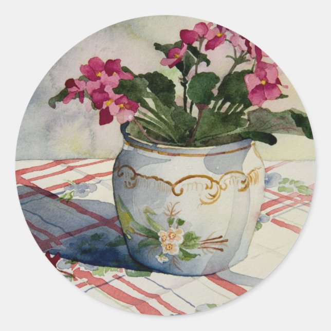 1790 African Violets in Blue Pot Classic Round Sticker (Front)