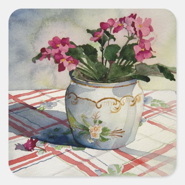 1790 African Violets in Blue Pot Square Sticker (Front)