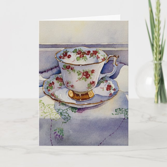 1799 Teacup on Linen Birthday Card (Front)