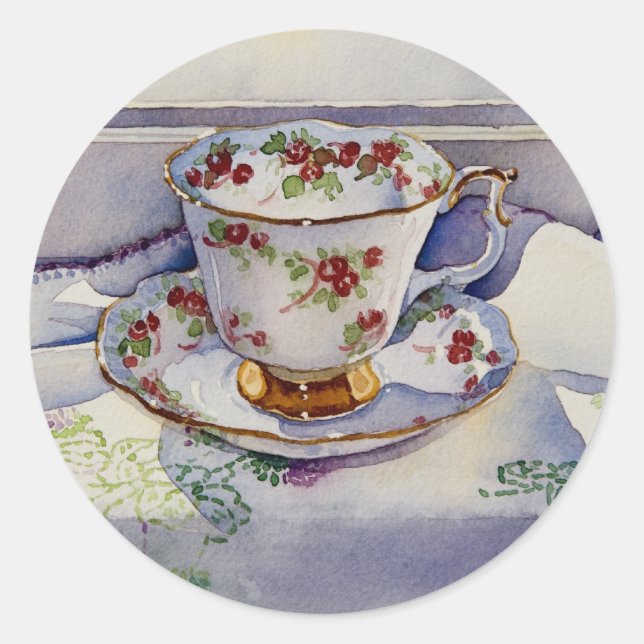 1799 Teacup on Linen Classic Round Sticker (Front)