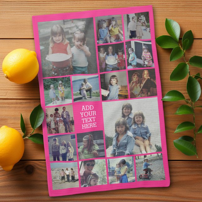 17 Photo Collage and Text - Can Edit Hot Pink Kitchen Towel (Personalized Kitchen Towel with photos and text - Makes a great gift)