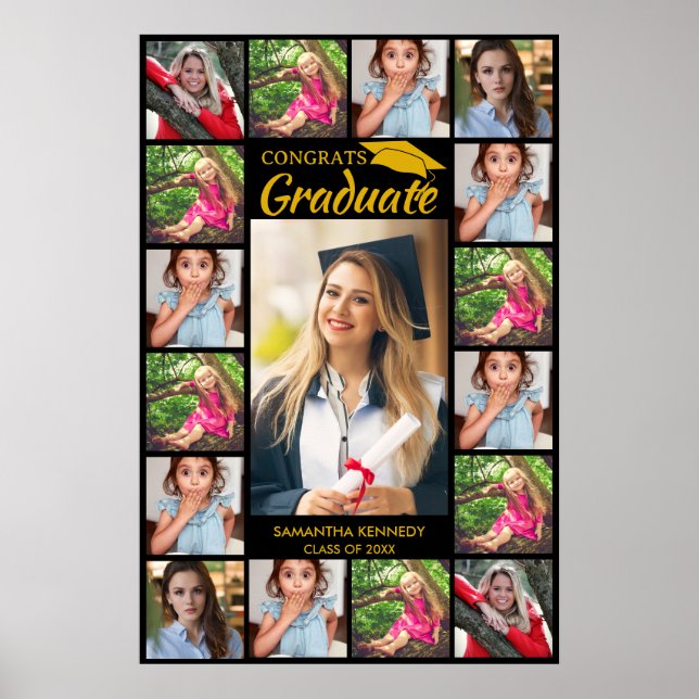 17 Photo Collage Congrats Grad Black And Gold   Poster (Front)