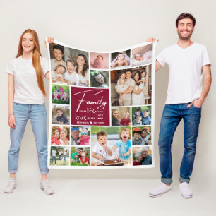 17 Photo Collage Family Name Quote Burgundy White Fleece Blanket