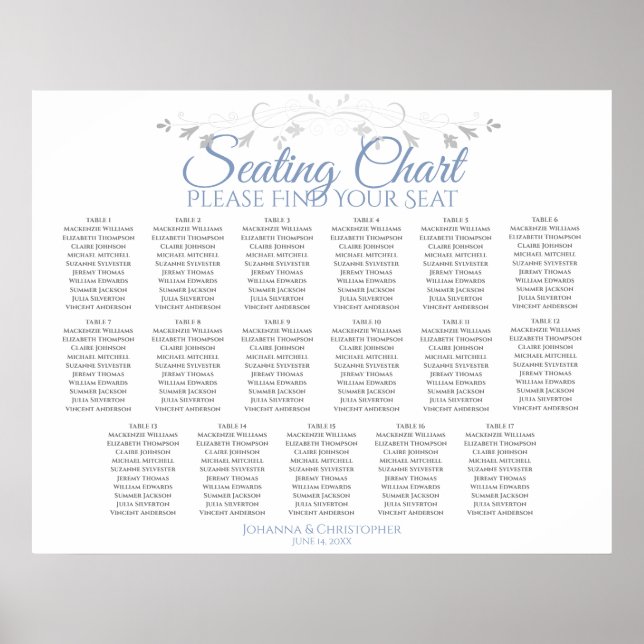 17 Table Blue & Gray Wedding Seating Chart (Front)
