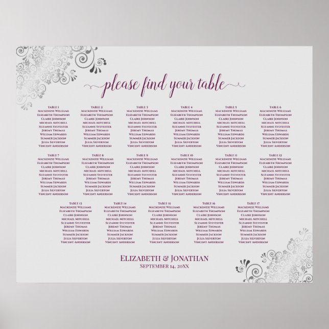 17 Table Cassis on Grey Wedding Seating Chart (Front)