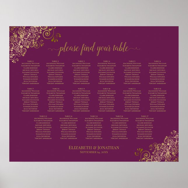 17 Table Cassis Purple Gold Wedding Seating Chart (Front)