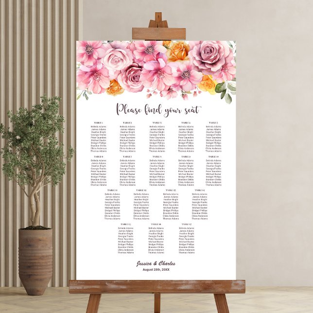 17 Table Elegant Pink Floral Wedding Seating Chart (Creator Uploaded)