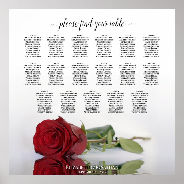 17 Table Elegant Red Rose Wedding Seating Chart (Front)