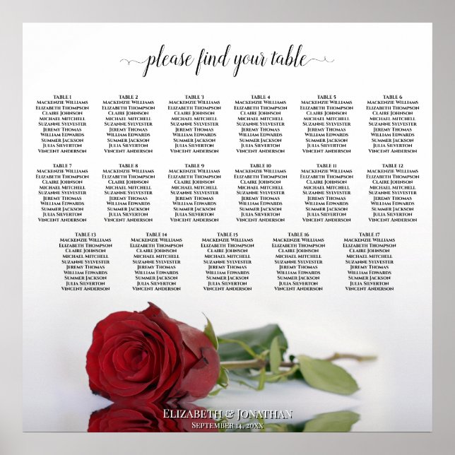 17 Table Elegant Red Rose Wedding Seating Chart (Front)