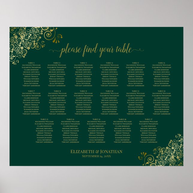 17 Table Emerald Green Gold Wedding Seating Chart (Front)