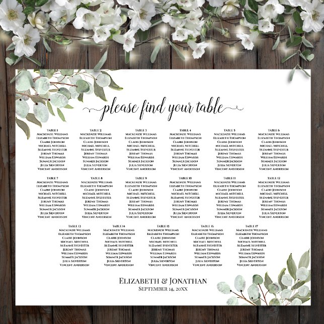 17 Table Eucalyptus Greenery Wedding Seating Chart (In Situ with Flowers)