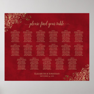 17 Table Gold Frills on Red Wedding Seating Chart
