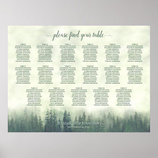 17 Table Green Pine Forest Wedding Seating Chart (Front)