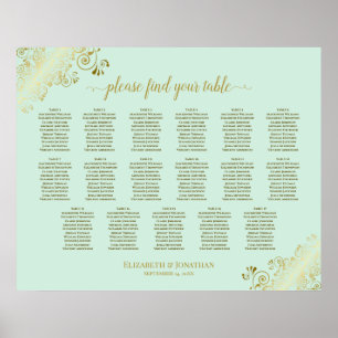 17 Table Mint Green & Gold Wedding Seating Chart