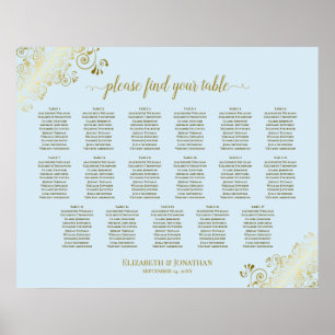 17 Table Powder Blue & Gold Wedding Seating Chart