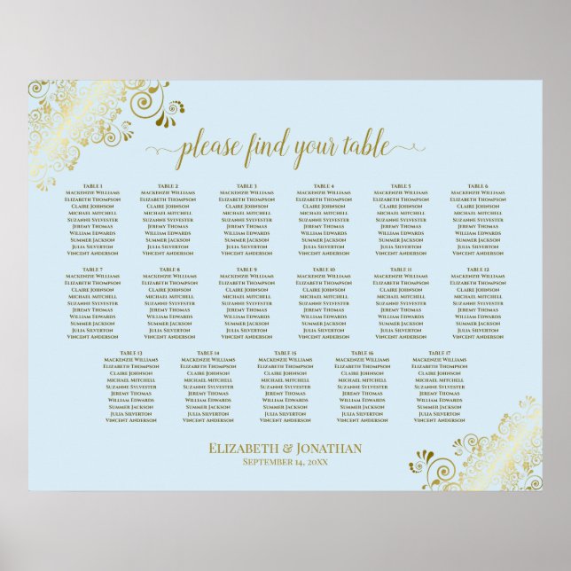 17 Table Powder Blue & Gold Wedding Seating Chart (Front)