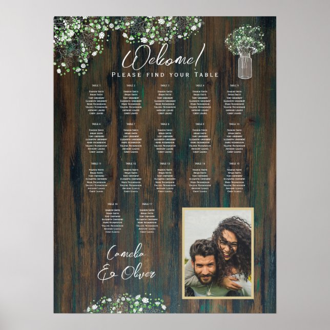 17 Table Rustic Wood Gypsophila PHOTO SEATING Poster (Front)