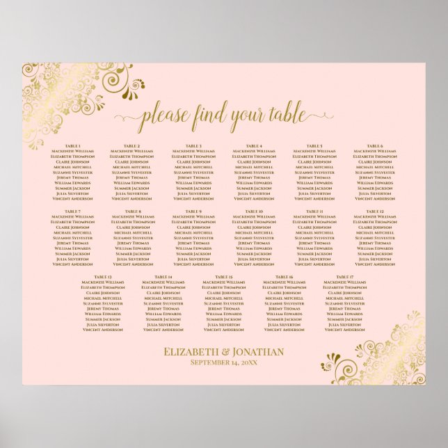 17 Tableau Blush Pink & Gold Mariage Seating Chart (Devant)