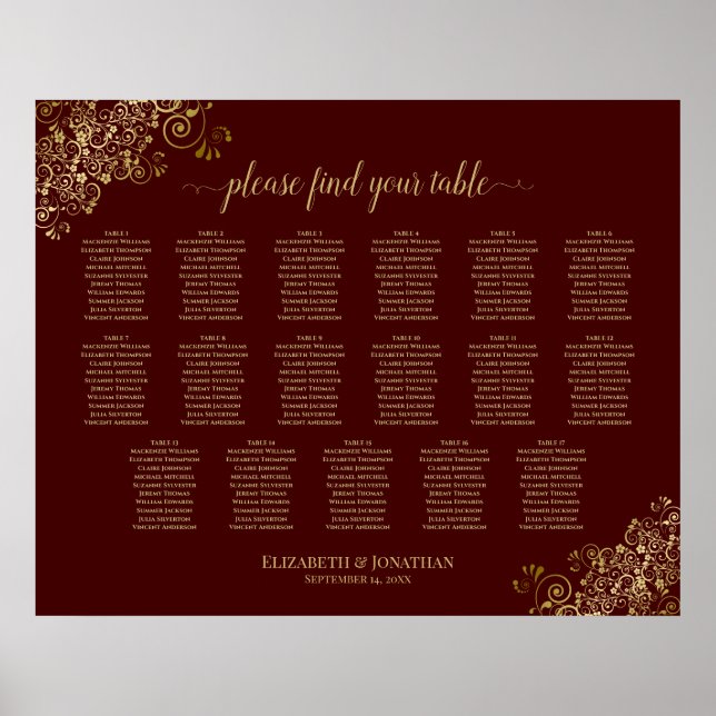 17 Tableau Lacy Gold Auburn Mariage Seating Chart (Devant)