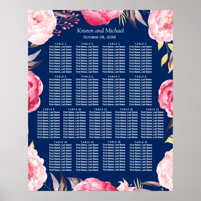 17 Tables Pink Floral Wreath Wedding Seating Chart (Front)