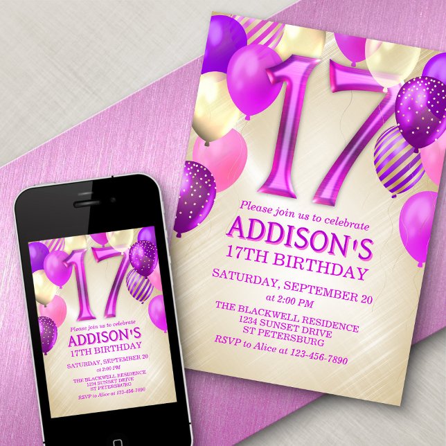 17e anniversaire Ballons roses Invitation (Créateur téléchargé)