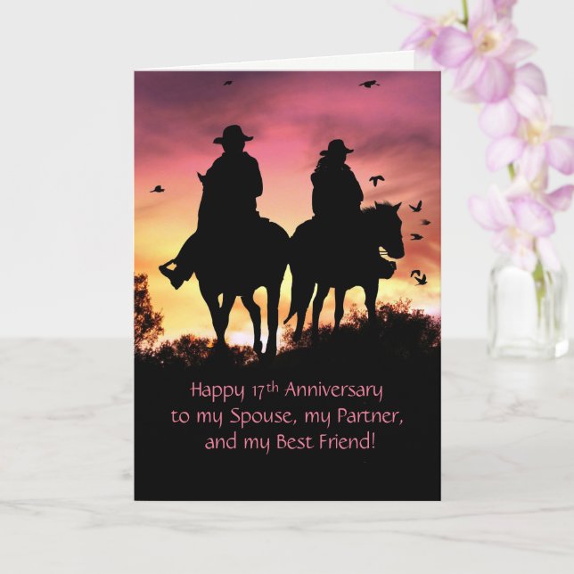 17th Anniversary Cute and Sweet Cowboy and Cowgirl Card (Orchid)