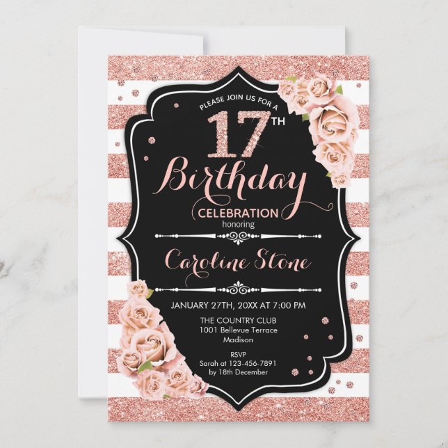 17th Birthday Black Rose Gold and White Stripes Invitation (Front)