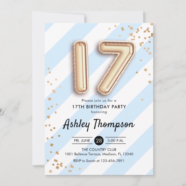 17th Birthday - Blue Stripes and Gold Balloons Invitation (Front)