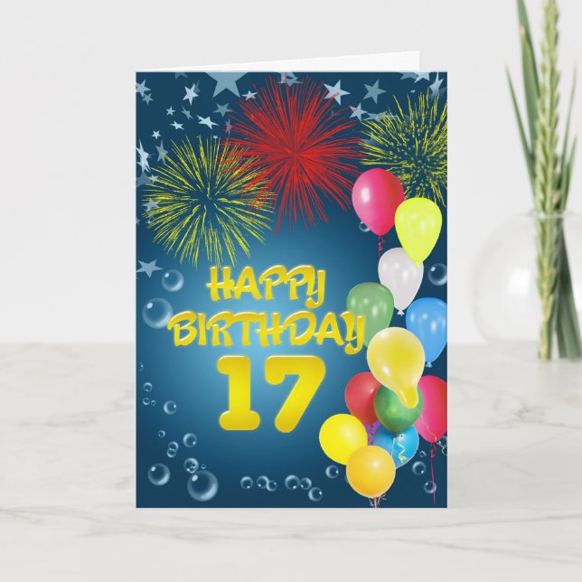 17th Birthday card with fireworks and balloons (Front)