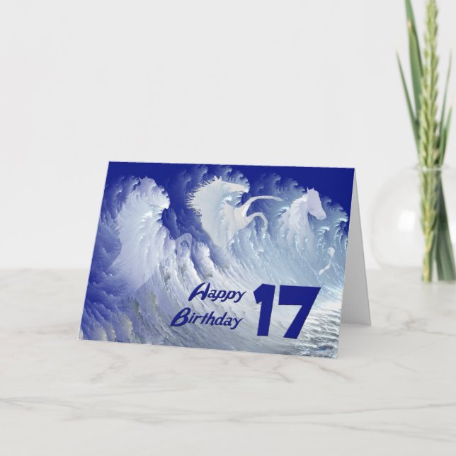 17th birthday card with wild white surf horses (Front)