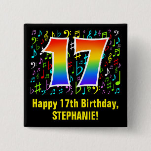 17th Birthday: Colorful Music Symbols, Rainbow 17 2 Inch Square Button